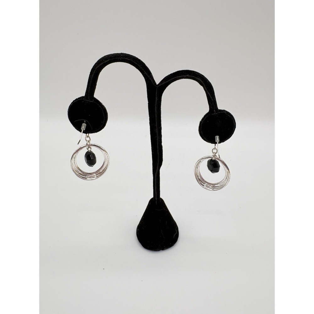 Modern Silver Tone Oval Hoop Earrings With Black Faceted Bead Dangle‎ Drop Jew - Picture 4 of 4